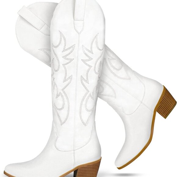 Shoes - Women Western Cowboy Boots Leather Tall Embroidered Pointed Toe Chunky Heel